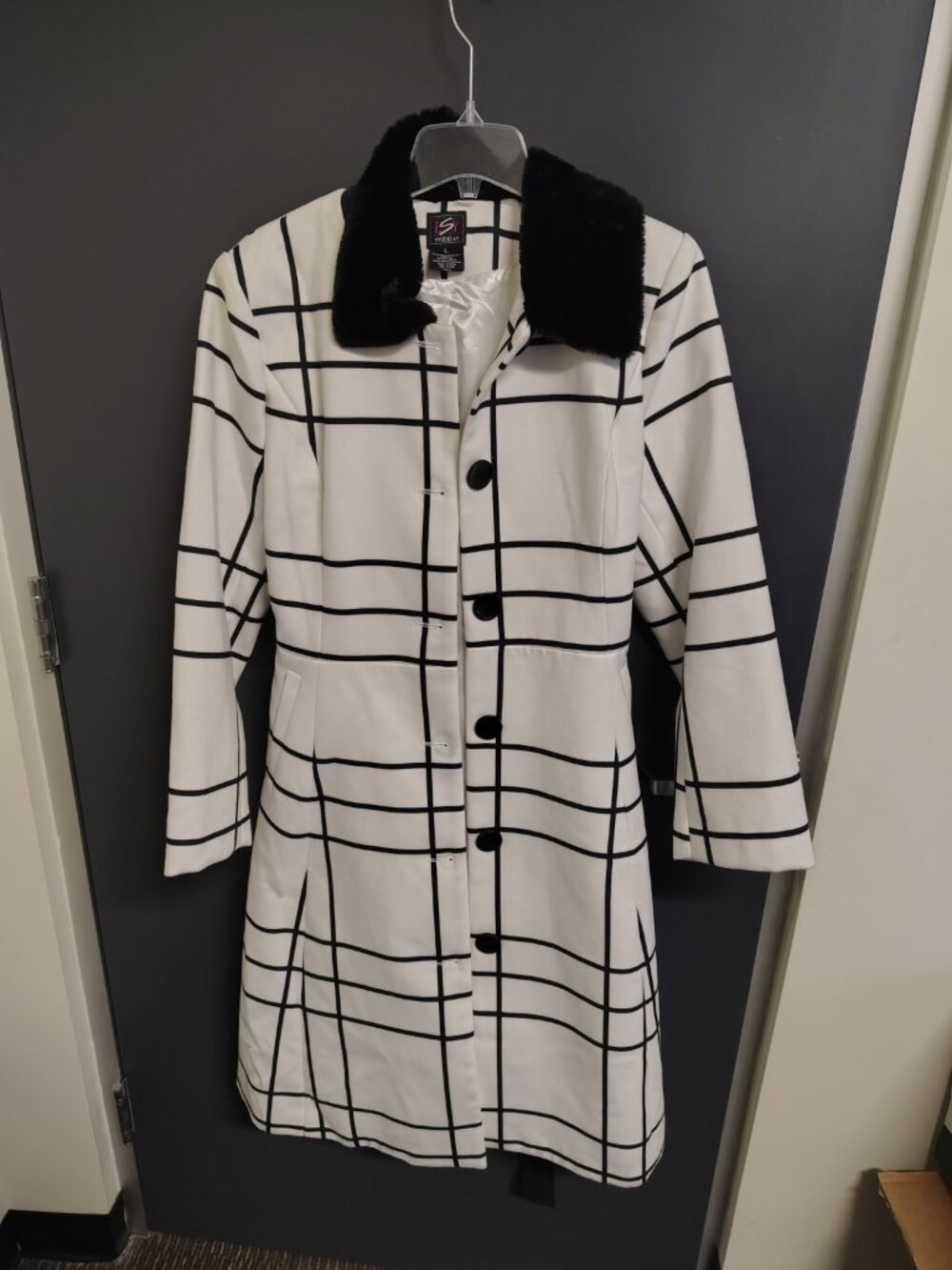 Studio EY Windowpane Plaid Coat Women’s L White Black Faux Fur Collar